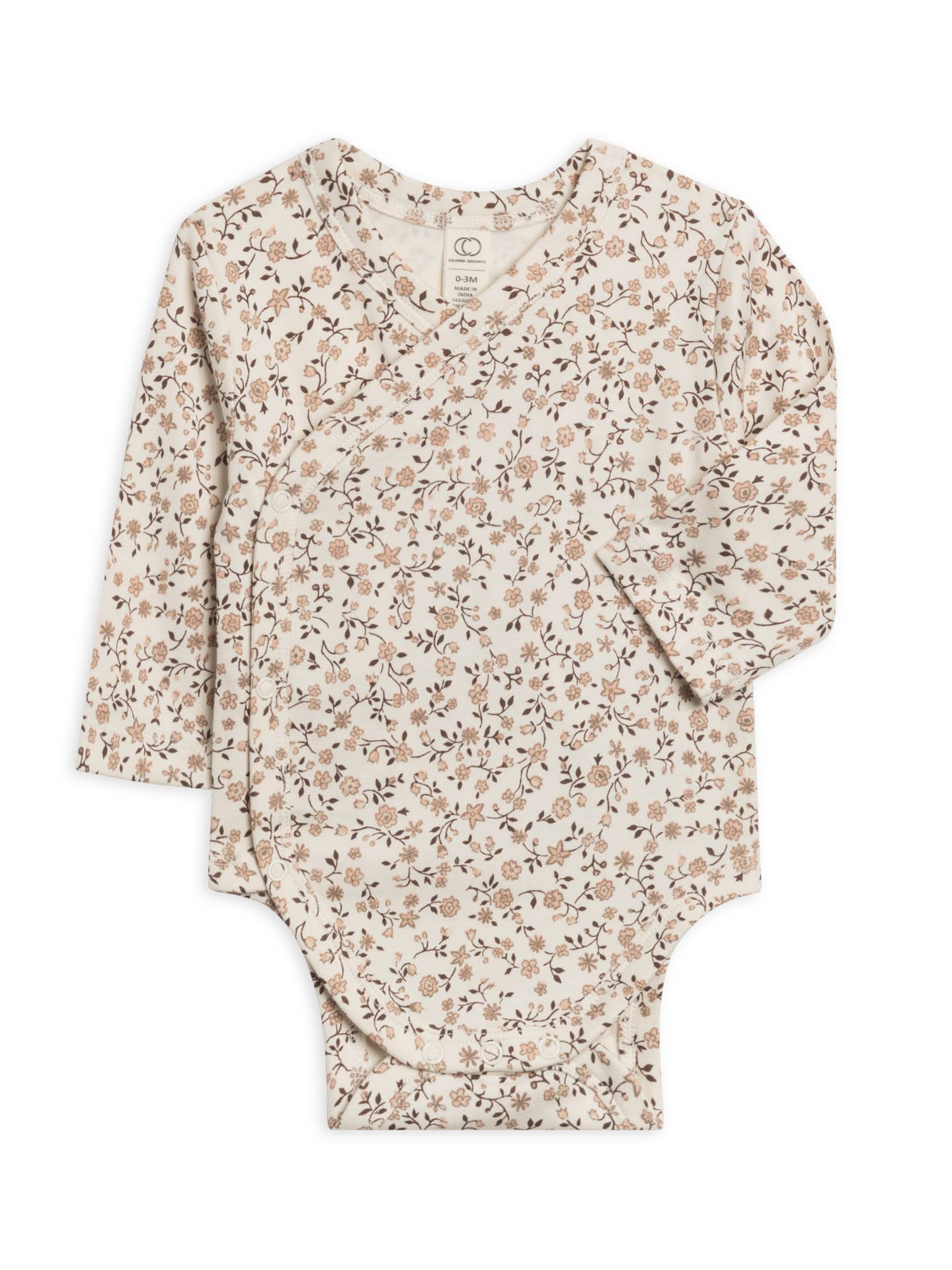 Colored Organics Kai Kimono Bodysuit - Primrose Floral / Chestnut + Taupe